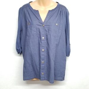 August Silk Blue Linen 3/4 sleeve button up top